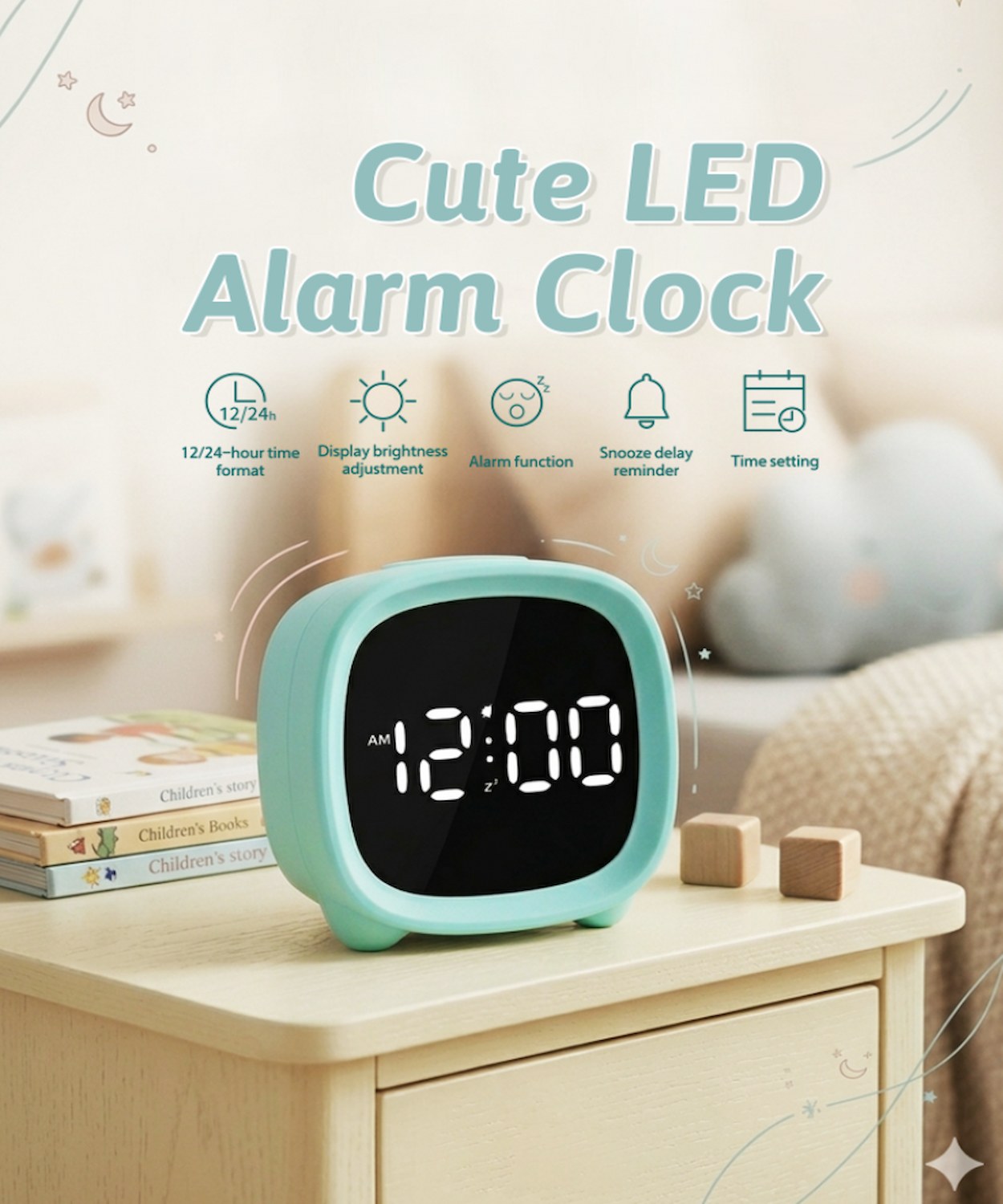 Bonito reloj despertador LED cuadrado redondeado