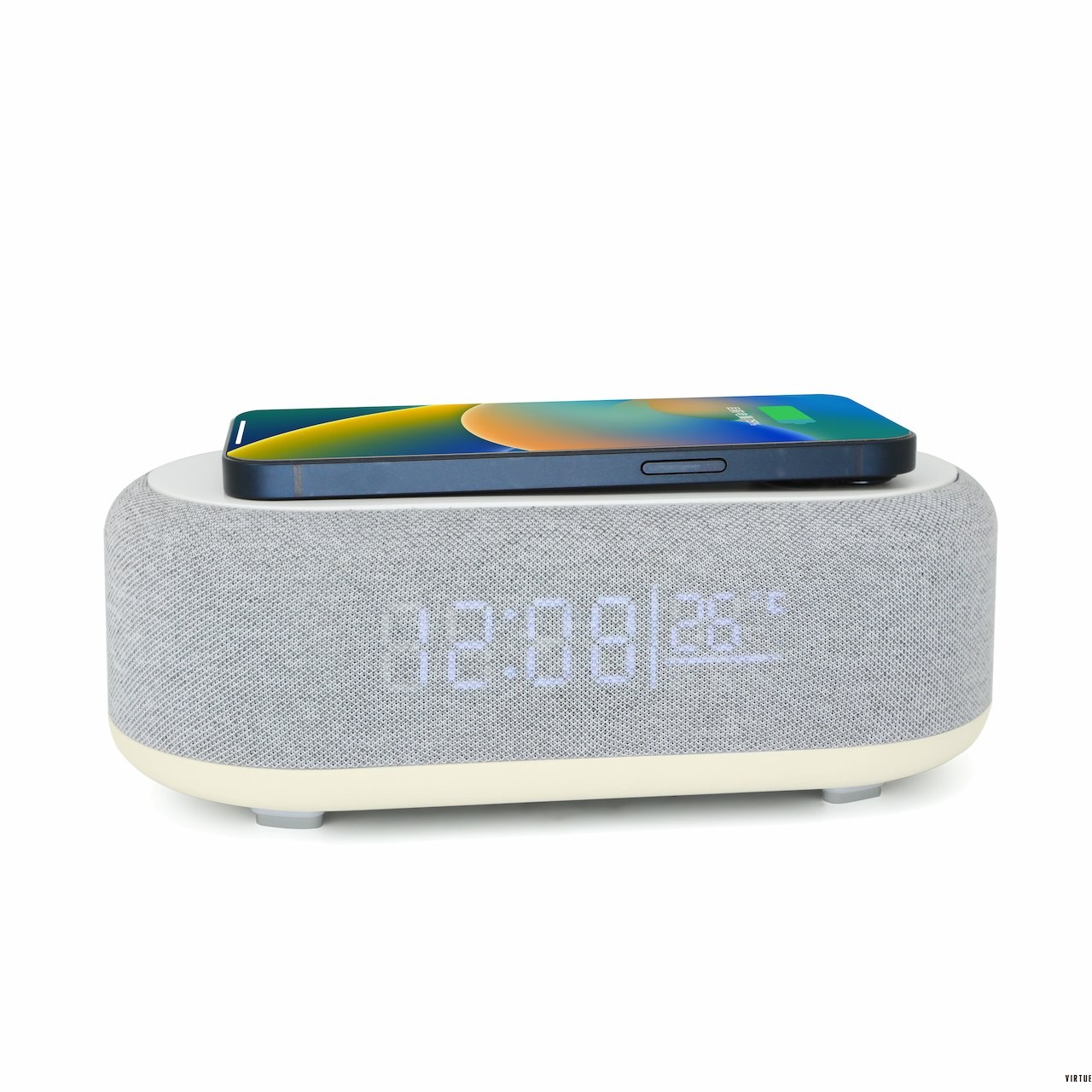 Fabric ABS multi‑functional station rounded shape LED time temperature display wireless charging pad